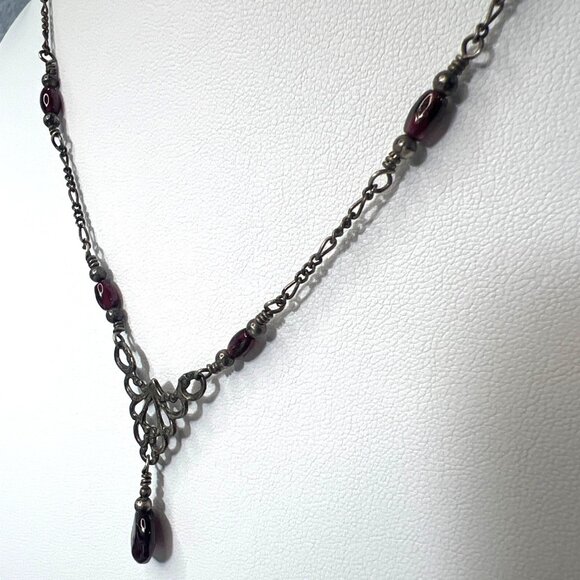Italian Sterling Silver 925 18" Filigree Necklace Garnet Cabochon Drop KM Maker - Picture 12 of 14